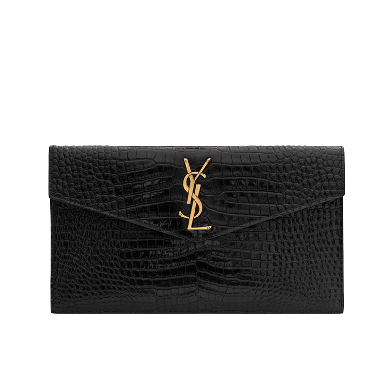 Pochette Uptown Shiny Embossed Crocodile Leather "Gold"